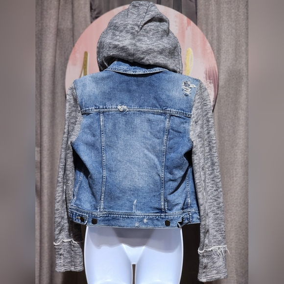Free People Distressed Hoodie Knit Denim Jacket Medium - Picture 5 of 8
